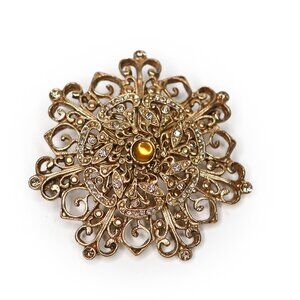 Vintage Gold Tone Starburst Brooch Large Pin Retro Jewelry Clear Amber Stones